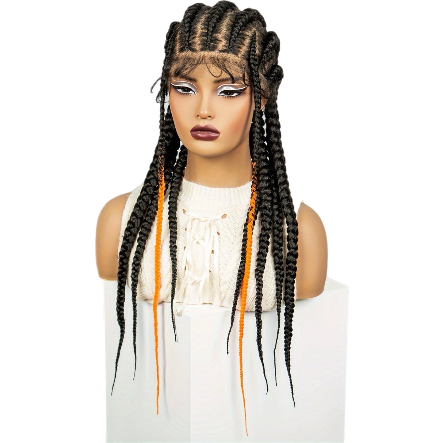Perruque en Dentelle de 7 Nattes + 2 Tresses Synthétiques à l'Avant aux Bouts Orangés