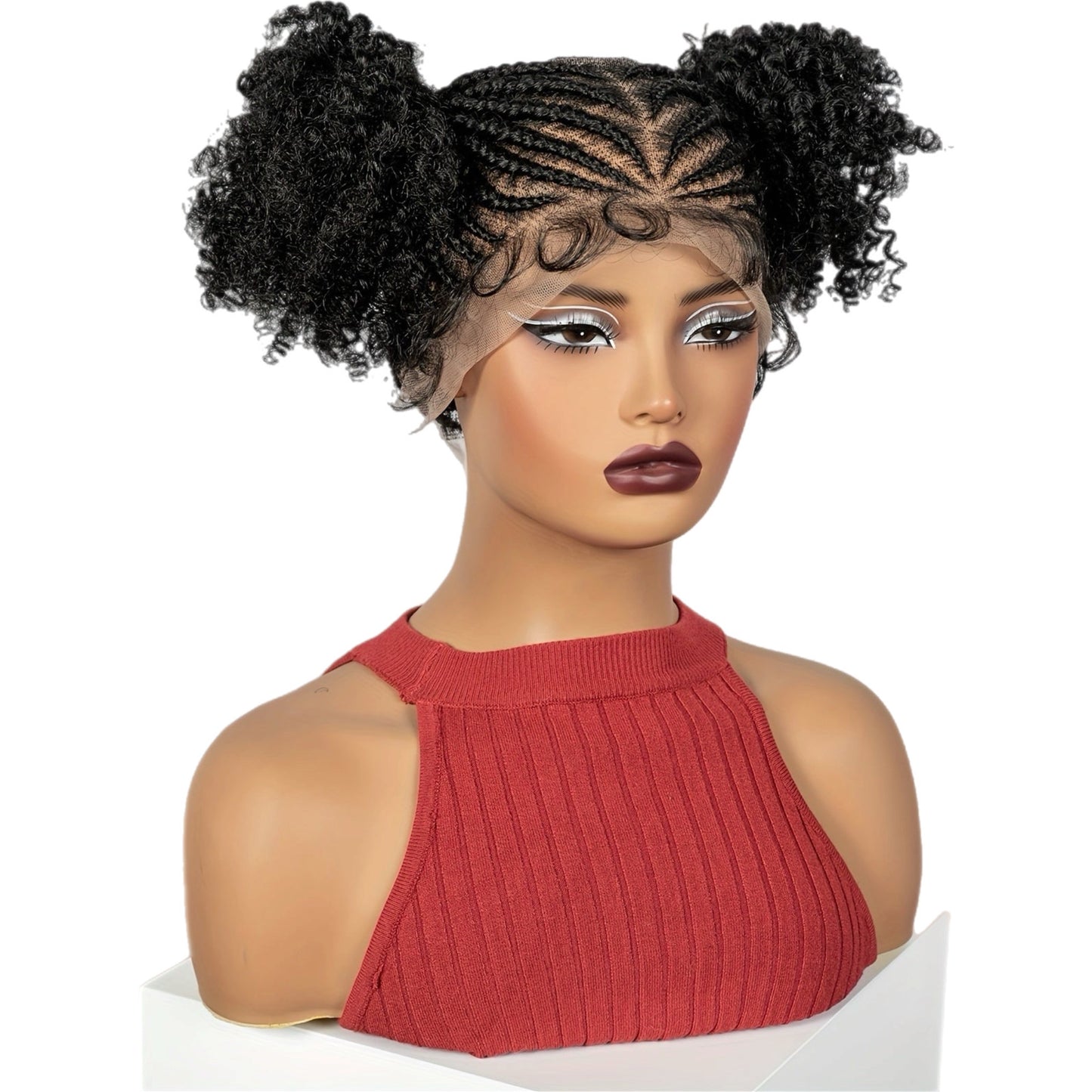Synthetic Afro Curly 2 Ponytails Flat Braids Full Lace Wig