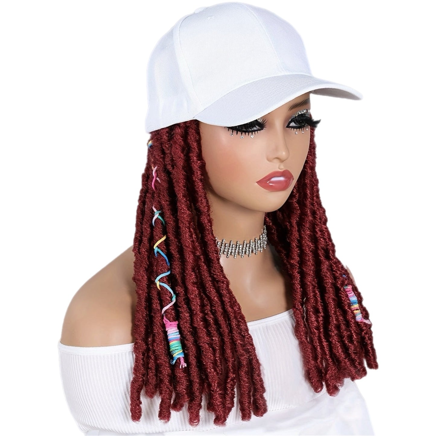Burgundy Synthetic Faux Locs Wig with Built-in White Cap