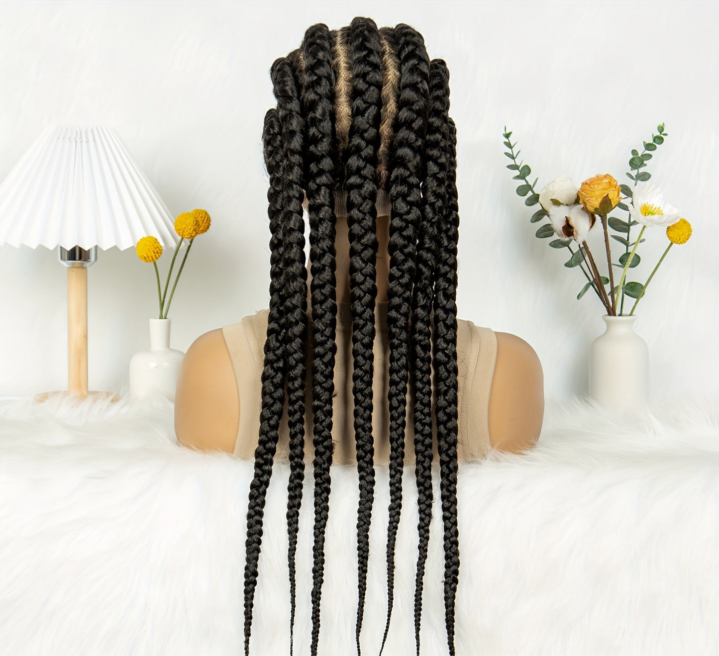 Perruque en Dentelle de 7 Nattes + 2 Tresses Synthétiques à l'Avant aux Bouts Orangés