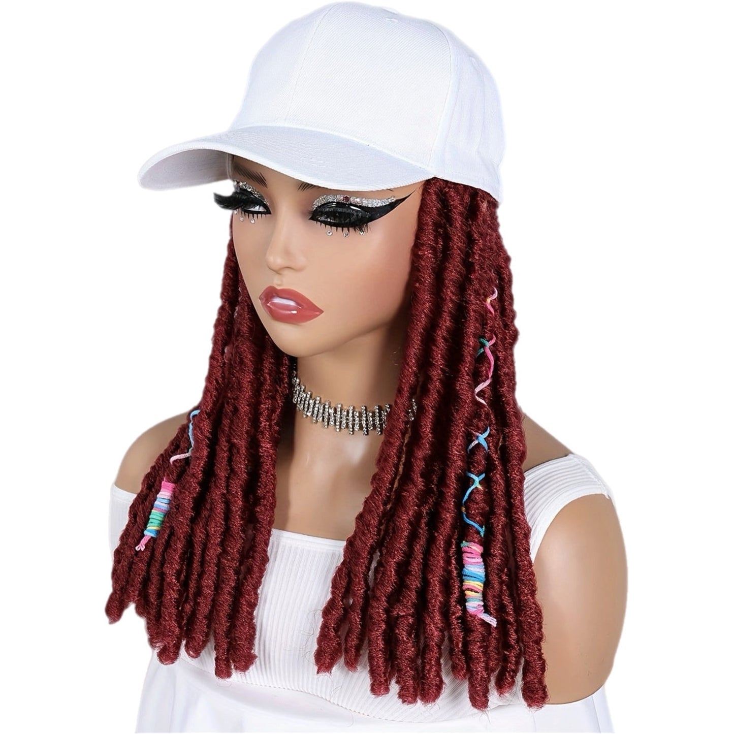 Burgundy Synthetic Faux Locs Wig with Built-in White Cap