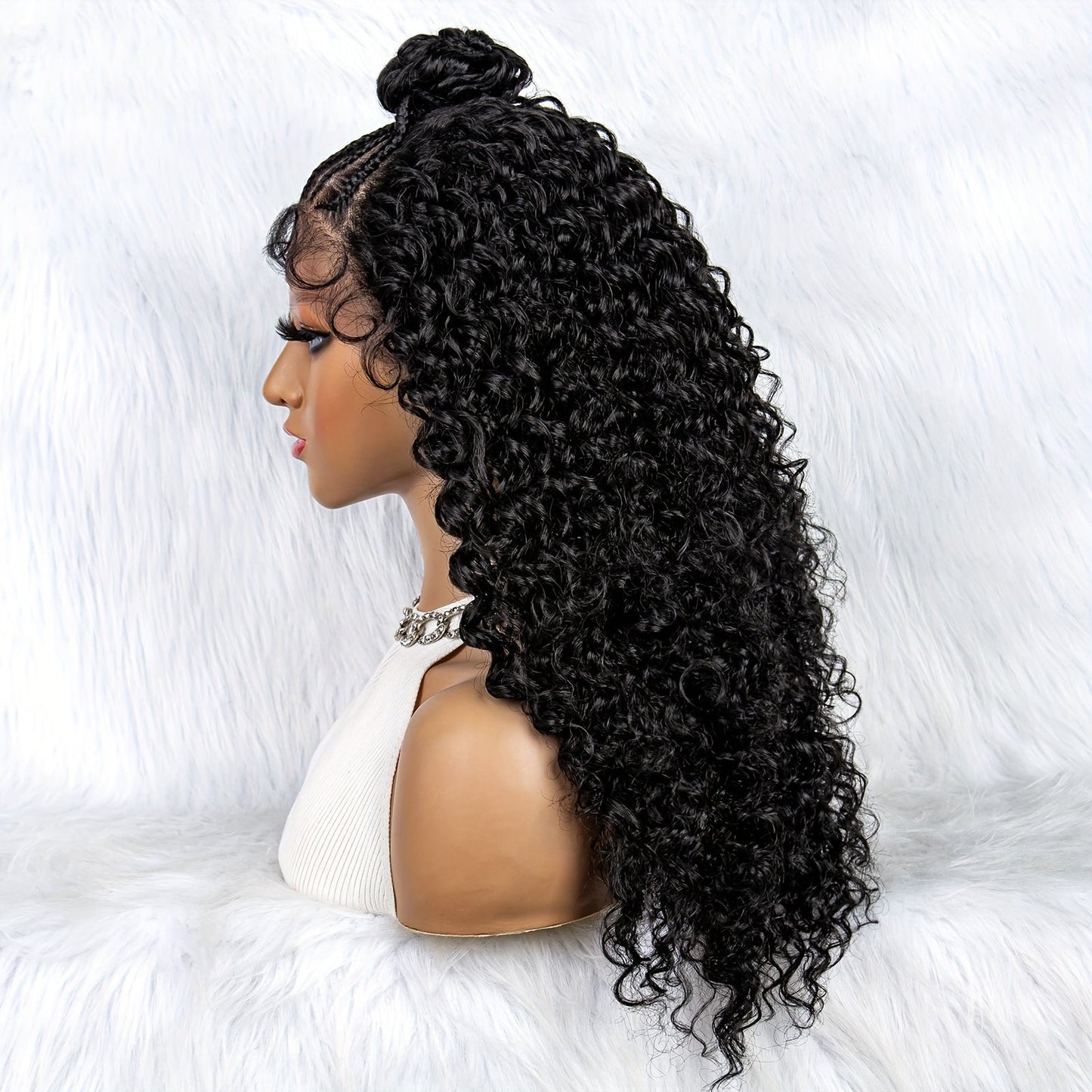 Perruque en Dentelle Bouclé Synthétique avec 6 Nattes Reliées & un Chignon à l'Avant