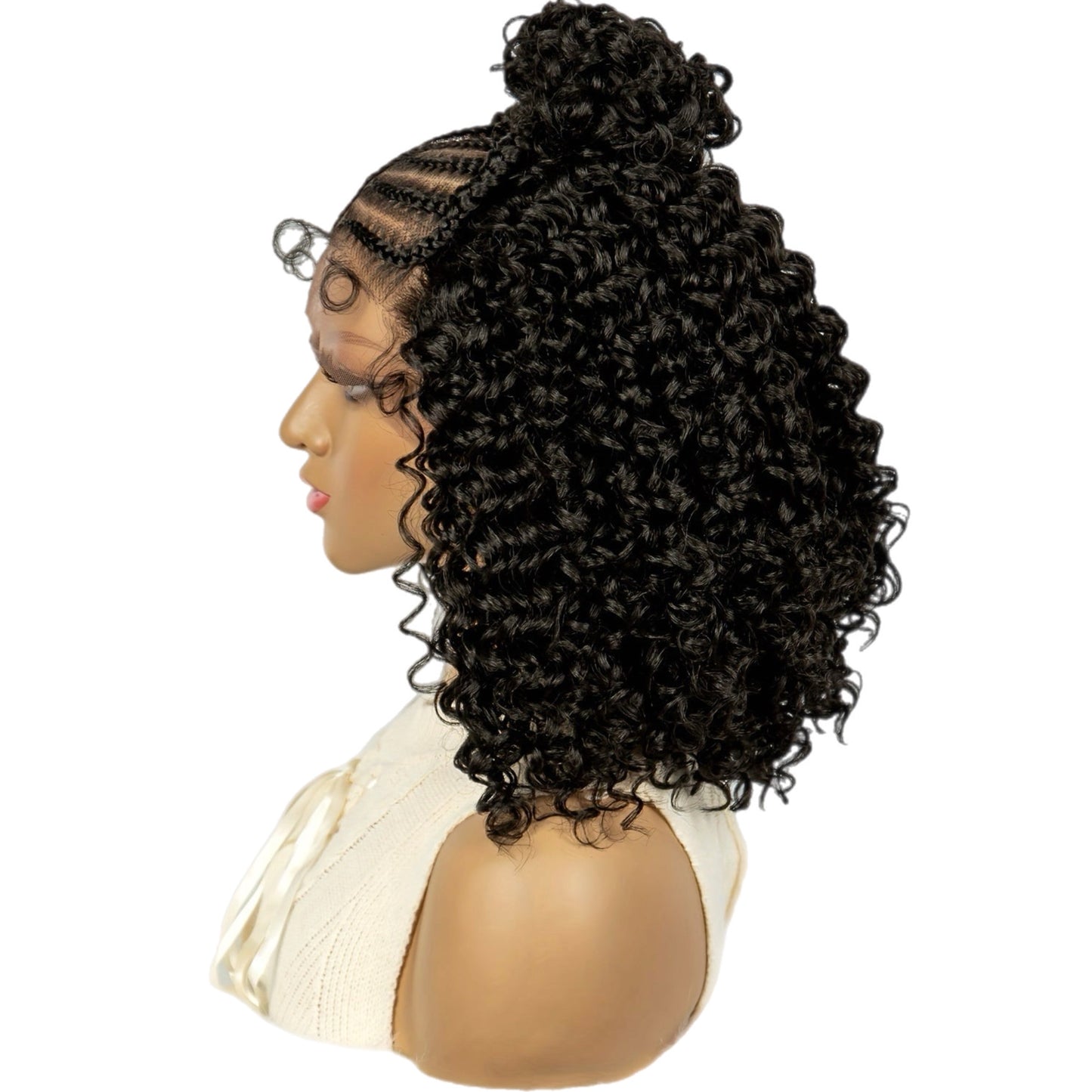 Perruque en Dentelle Bouclé Synthétique avec 9 Nattes Reliées & un Chignon à l'Avant