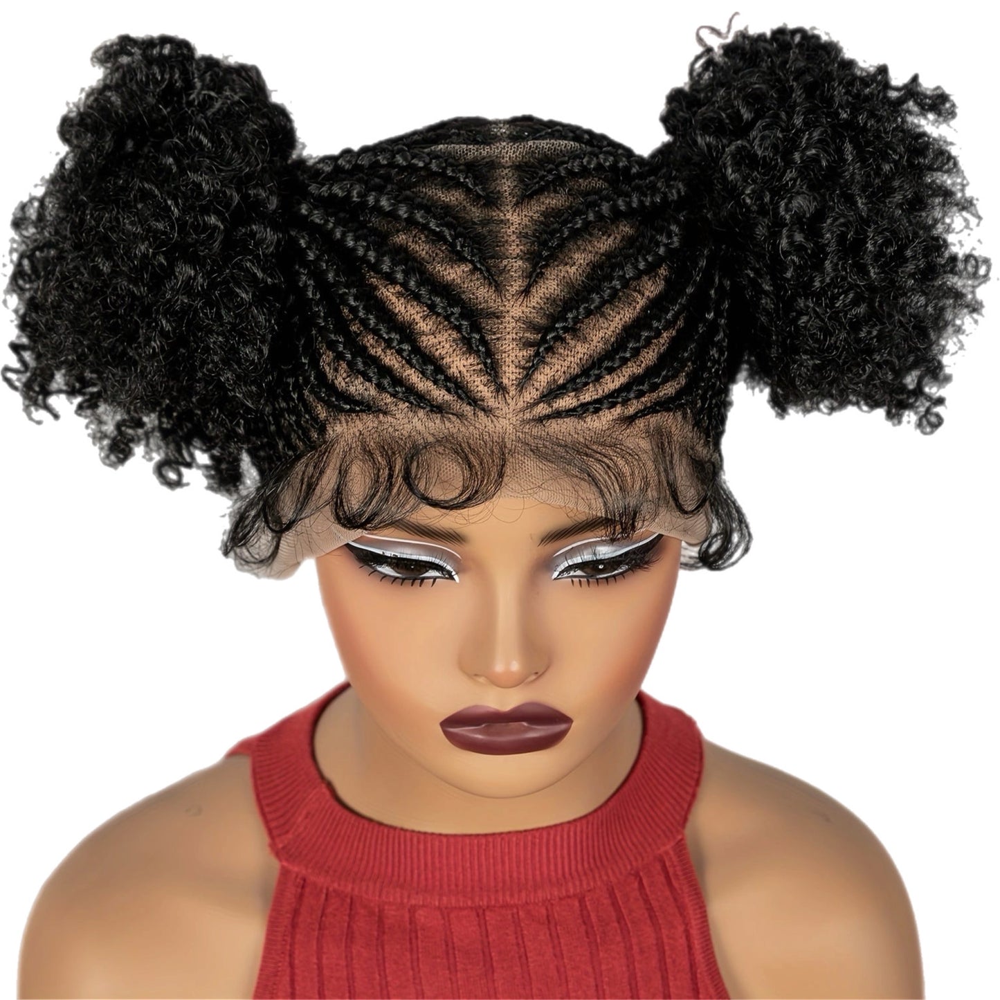 Synthetic Afro Curly 2 Ponytails Flat Braids Full Lace Wig