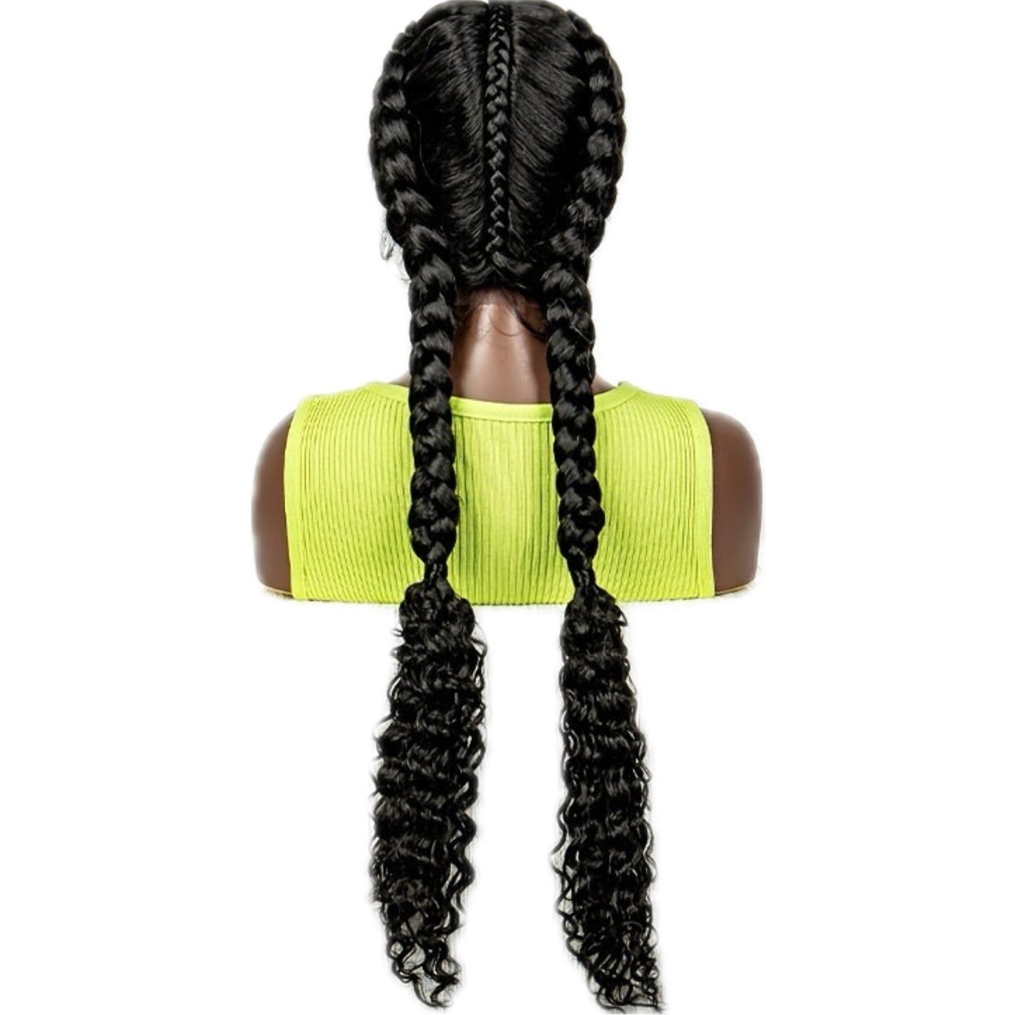 Synthetic 2 Big Flat Braids + 1 Small Braid in the Middle Full Lace Wig with Curly Ends