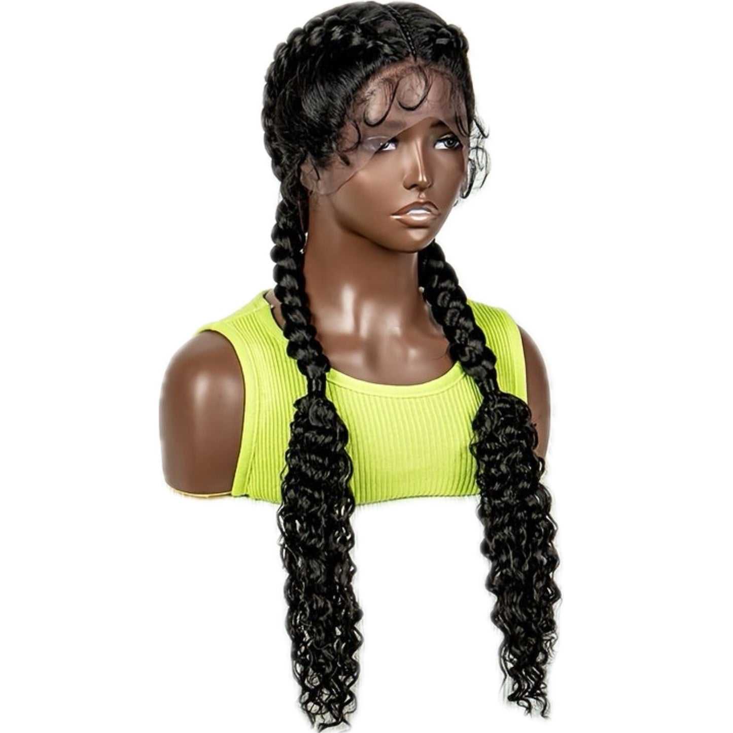 Synthetic 2 Big Flat Braids + 1 Small Braid in the Middle Full Lace Wig with Curly Ends