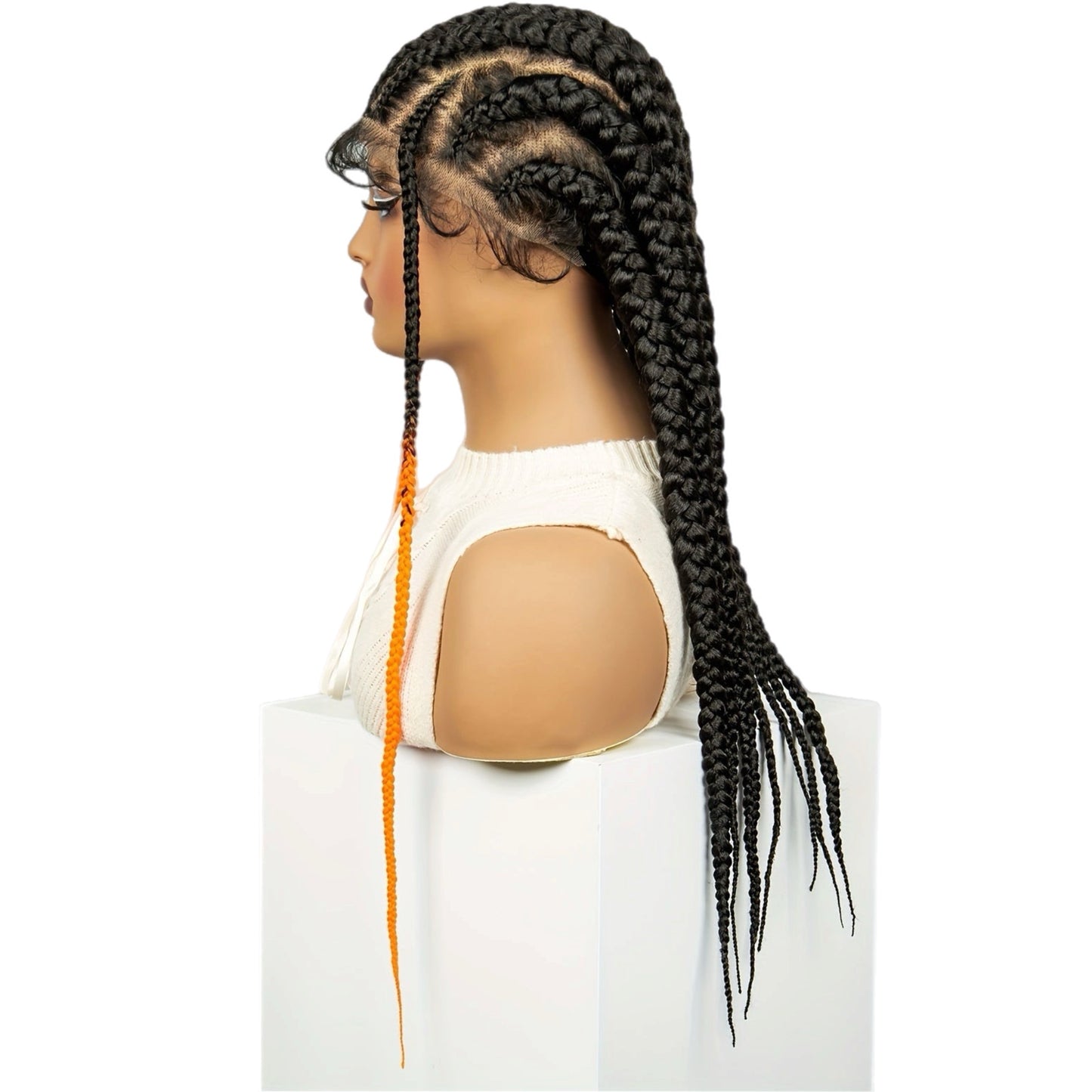 Perruque en Dentelle de 7 Nattes + 2 Tresses Synthétiques à l'Avant aux Bouts Orangés