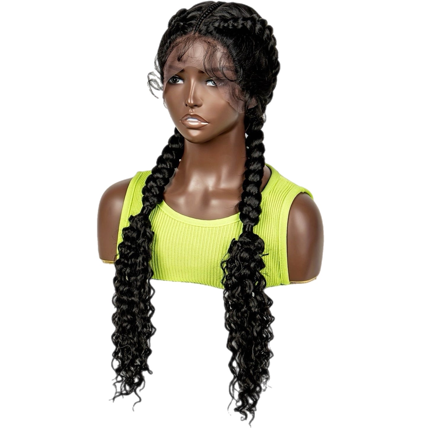 Synthetic 2 Big Flat Braids + 1 Small Braid in the Middle Full Lace Wig with Curly Ends