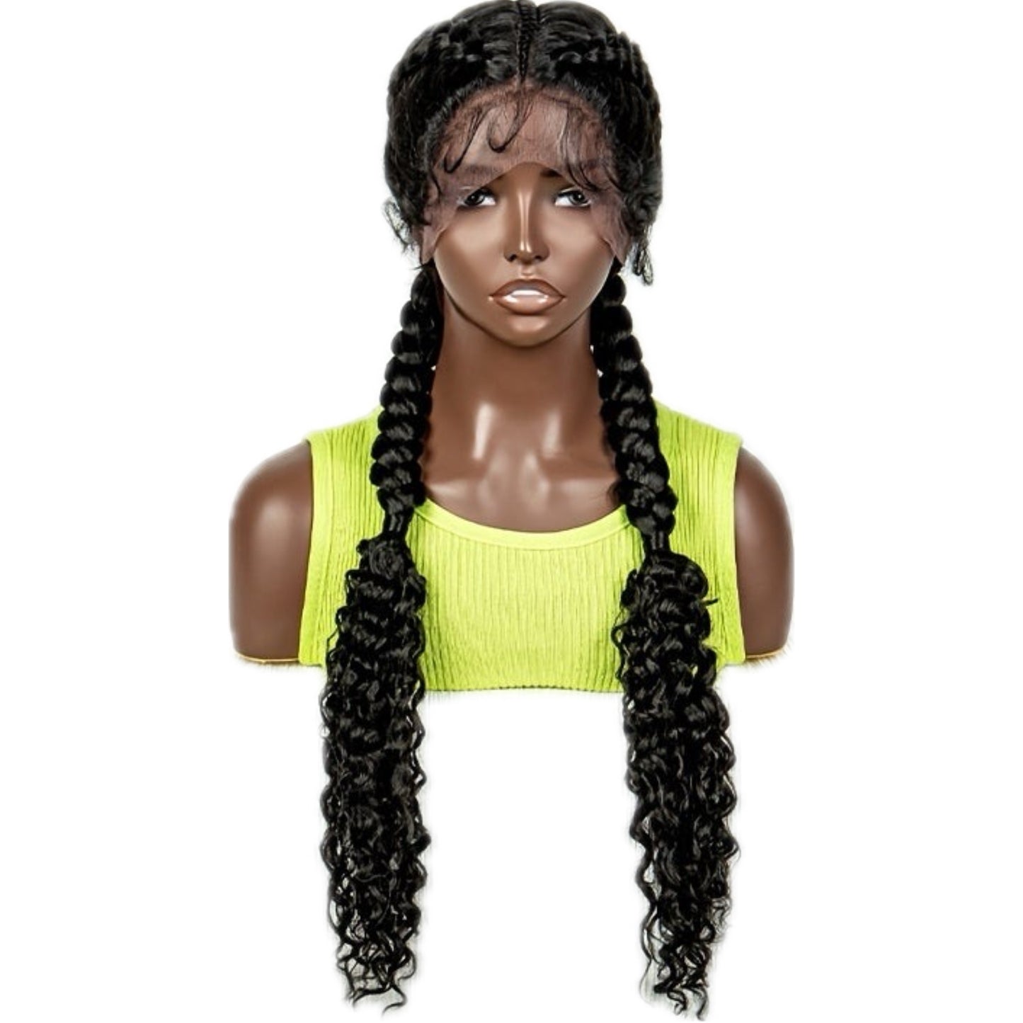 Synthetic 2 Big Flat Braids + 1 Small Braid in the Middle Full Lace Wig with Curly Ends