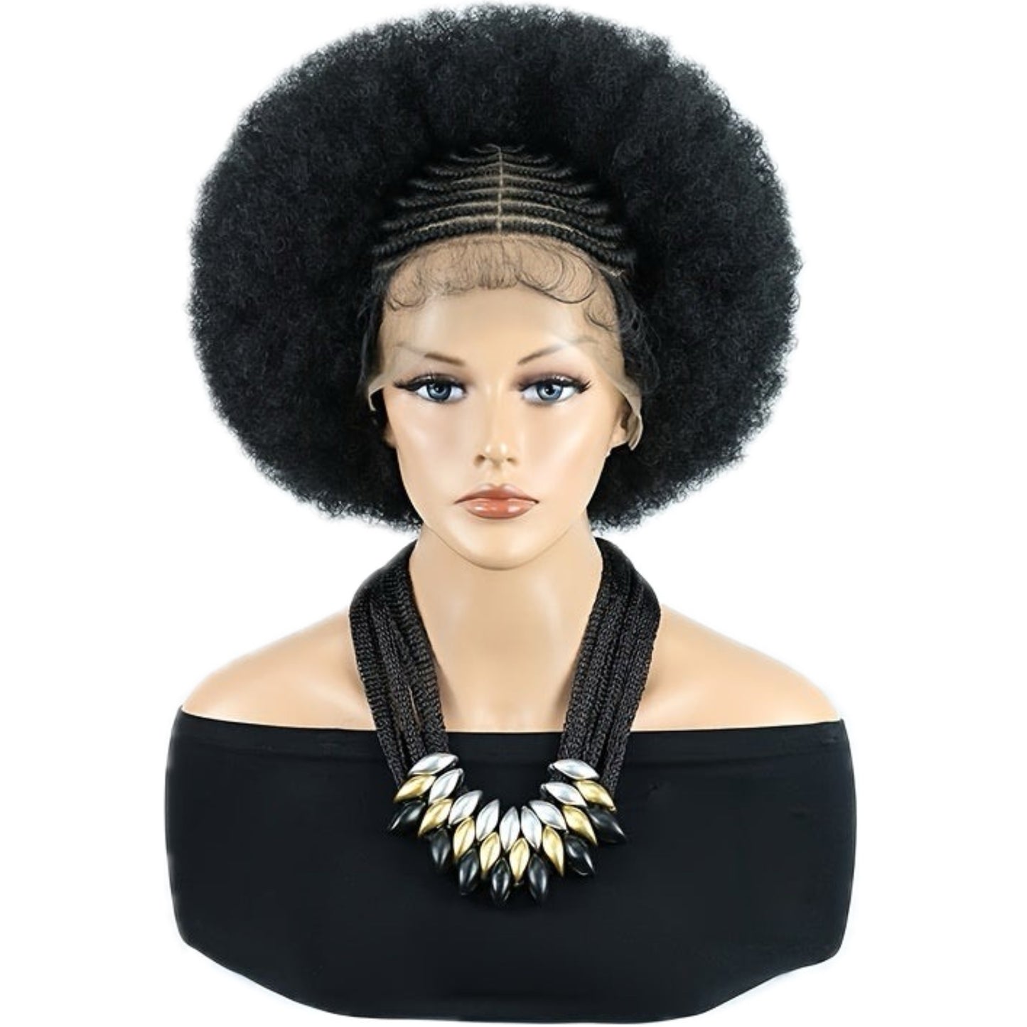 Perruque en Dentelle d’Afro Crépus Synthétique avec Nattes à l’Avant [Modèle #12]