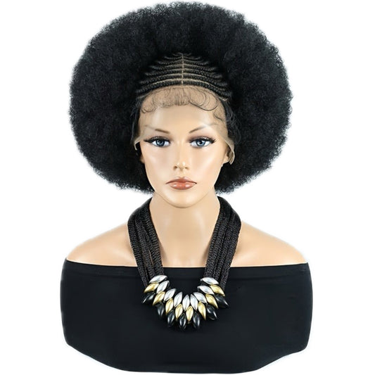 Perruque en Dentelle d’Afro Crépus Synthétique avec Nattes à l’Avant [Modèle #12]