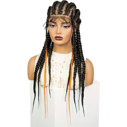 Perruque en Dentelle de 7 Nattes + 2 Tresses Synthétiques à l'Avant aux Bouts Orangés