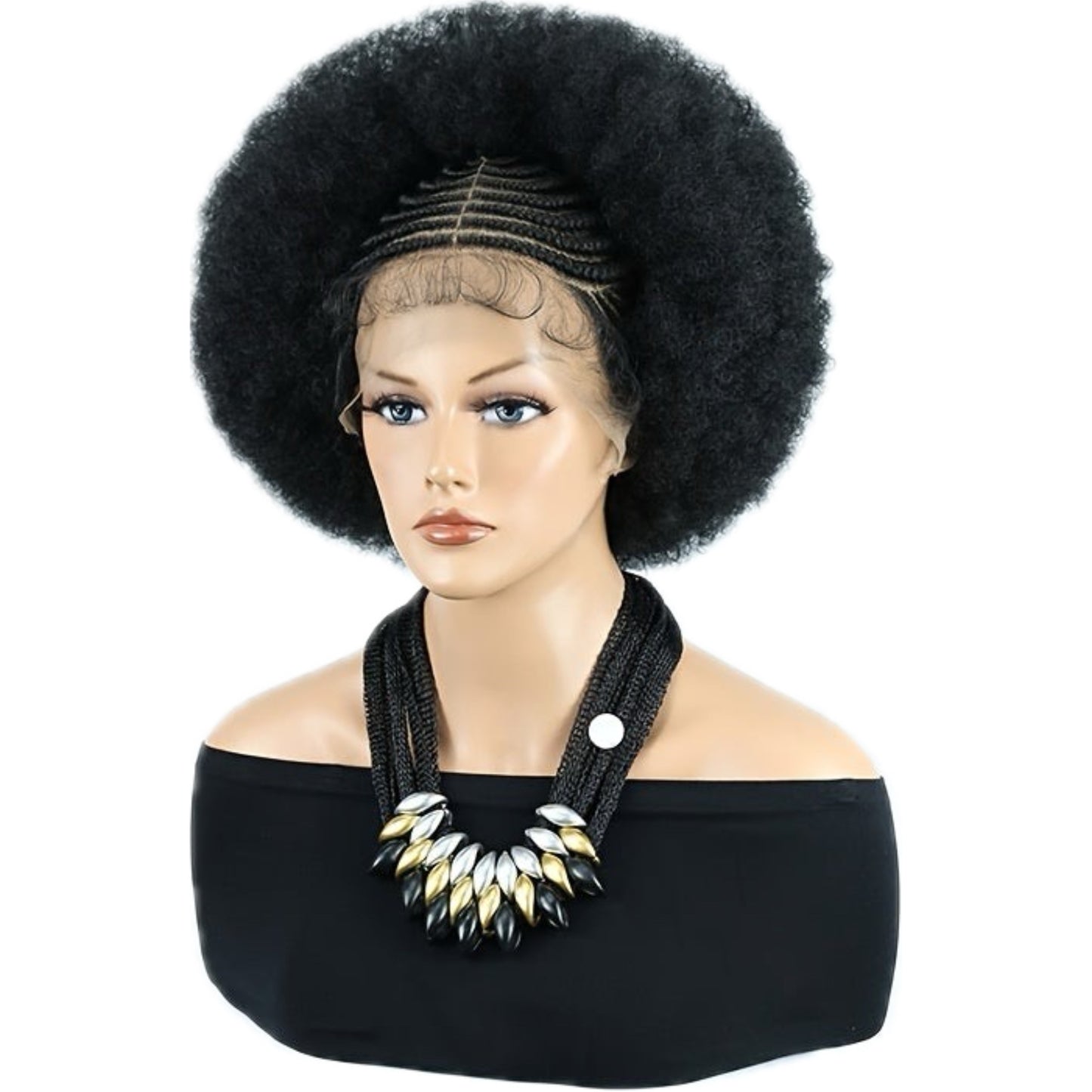Perruque en Dentelle d’Afro Crépus Synthétique avec Nattes à l’Avant [Modèle #12]