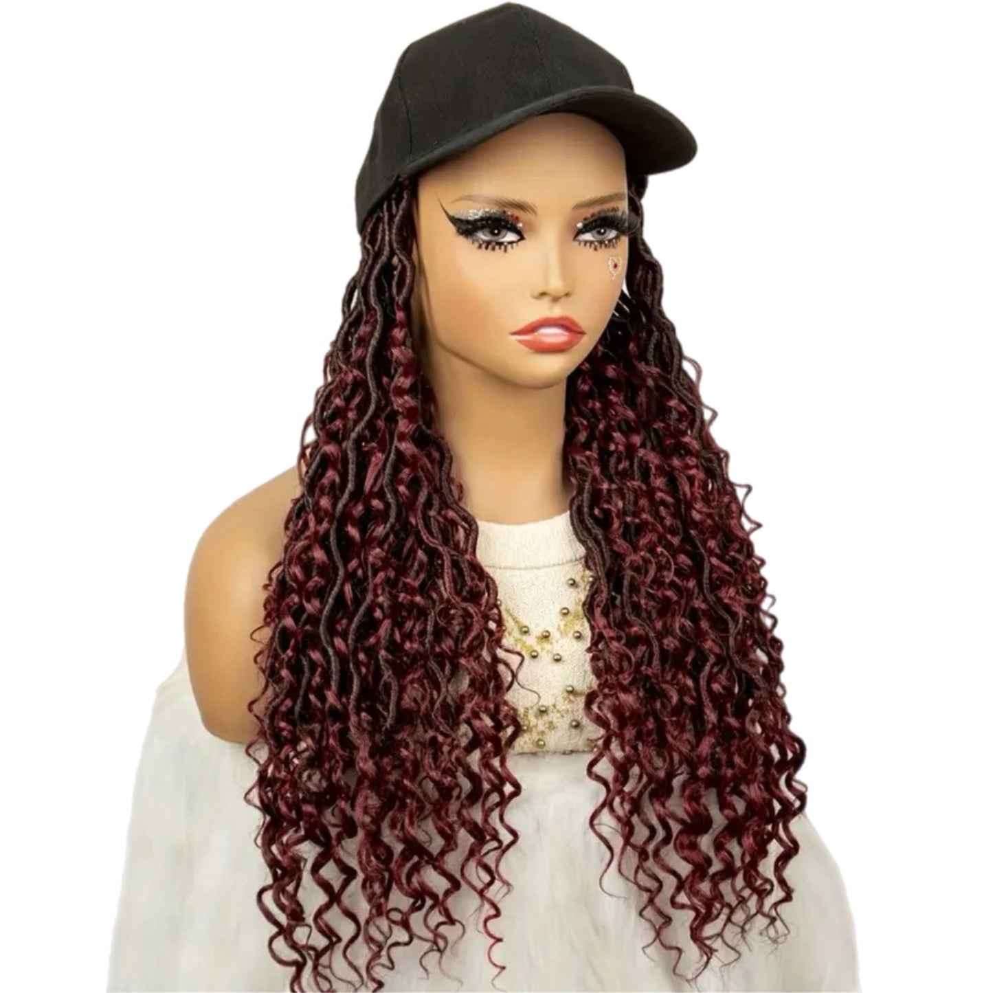 Burgundy Synthetic Faux Locs & Curls Wig with Built-in Cap