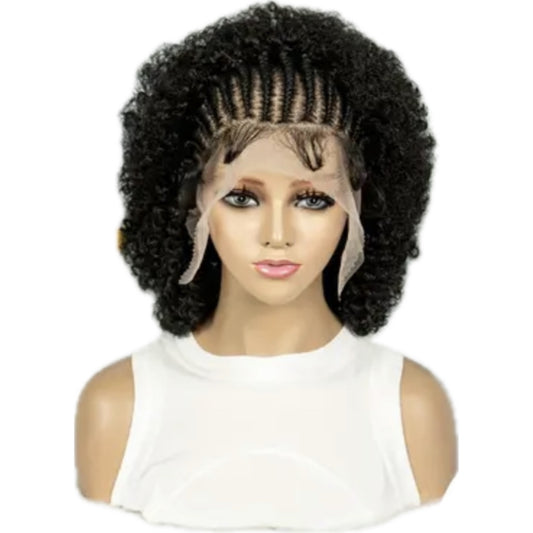 Perruque en Dentelle d’Afro Crépus Frisé Synthétique avec Nattes à l’Avant [Modèle #1]