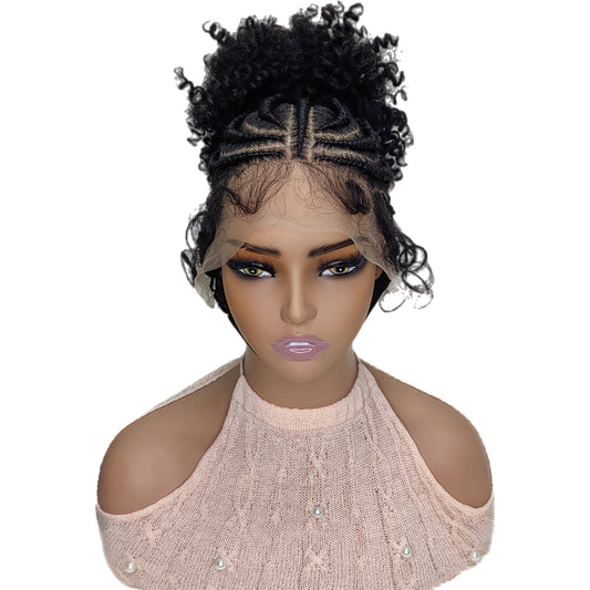 Perruque en Dentelle de Nattes avec une Couette en Afro Frisé Synthétique [2 Couleurs]