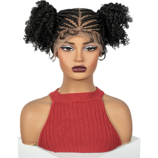 Perruque en Dentelle de Nattes avec 2 Couettes en Afro Frisé Synthétique