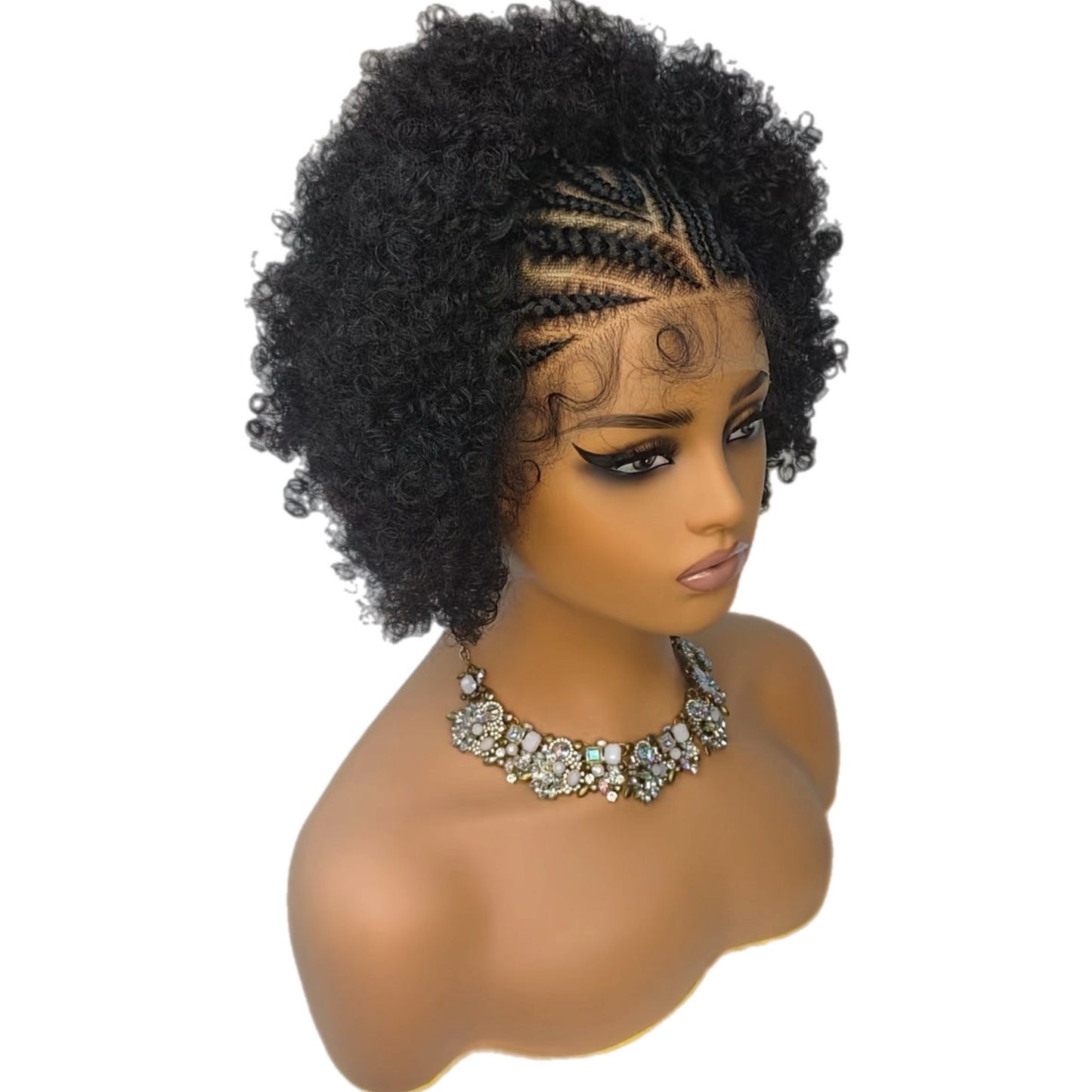 Perruque en Dentelle d’Afro Crépus Frisé Synthétique avec Nattes à l’Avant [Modèle #7]
