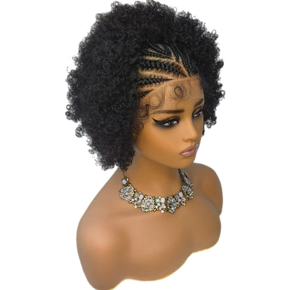 Perruque en Dentelle d’Afro Crépus Frisé Synthétique avec Nattes à l’Avant [Modèle #7]