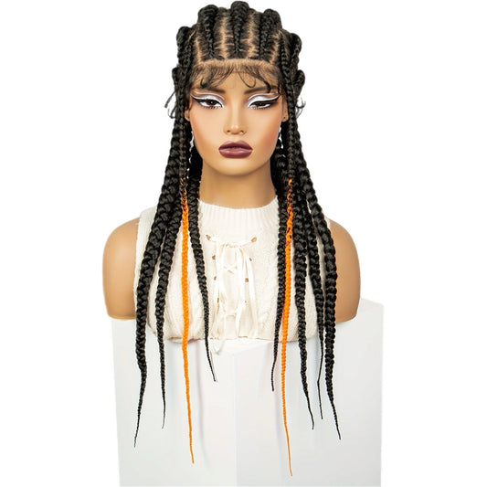Perruque en Dentelle de 7 Nattes + 2 Tresses Synthétiques à l'Avant aux Bouts Orangés