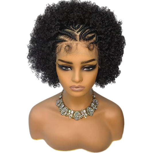 Perruque en Dentelle d’Afro Crépus Frisé Synthétique avec Nattes à l’Avant [Modèle #7]