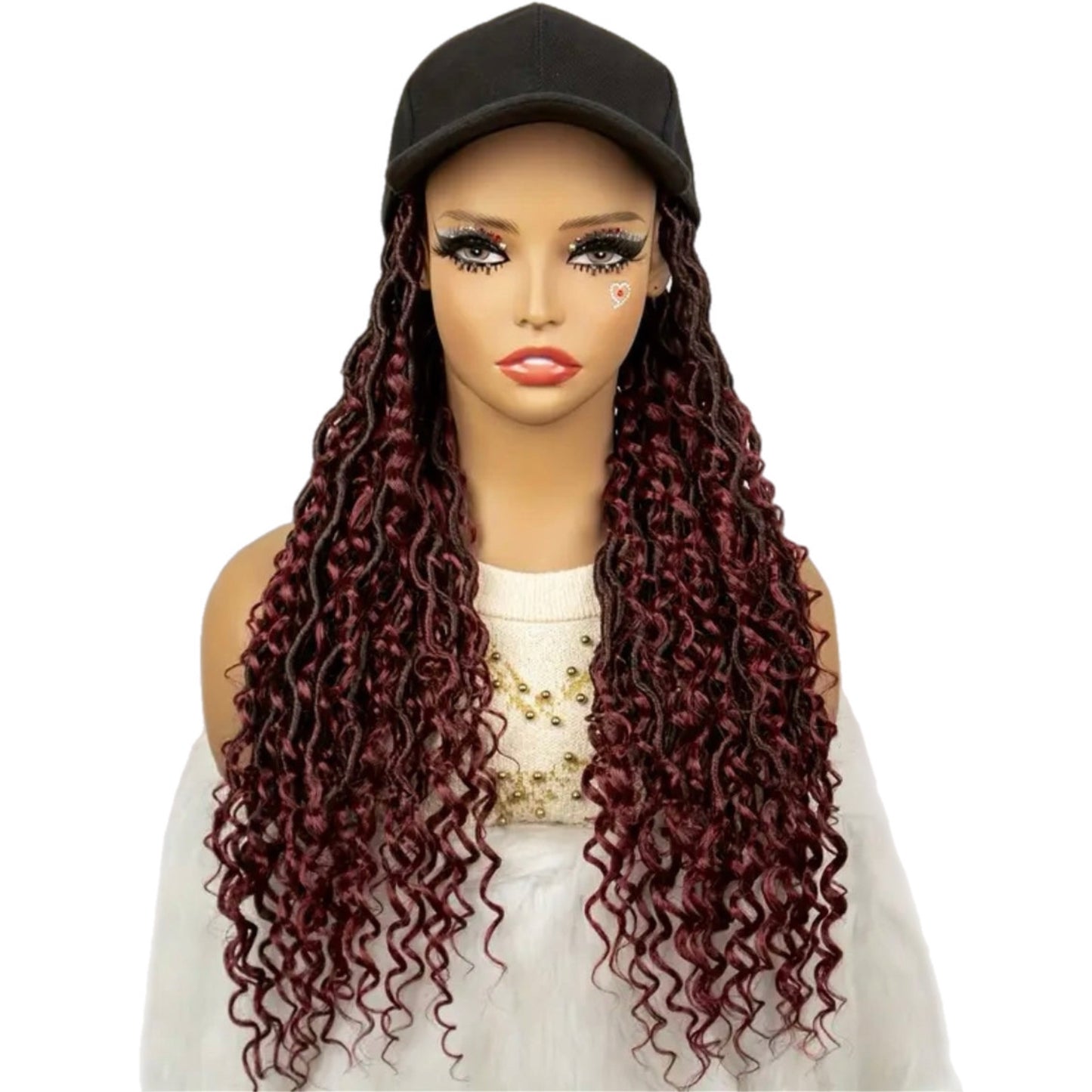 Burgundy Synthetic Faux Locs & Curls Wig with Built-in Cap