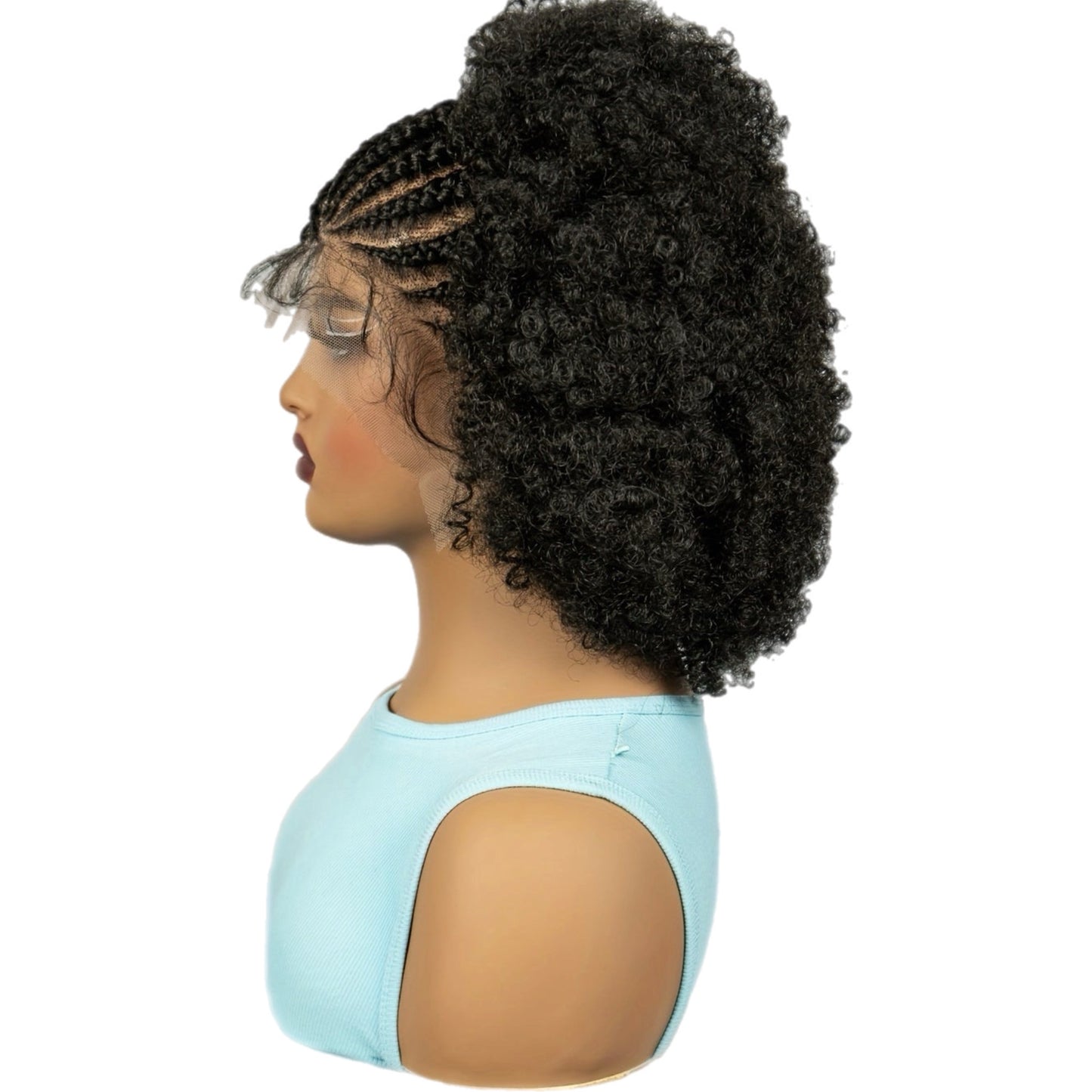 Perruque en Dentelle d’Afro Crépus Frisé Synthétique avec Nattes à l’Avant [Modèle #4]