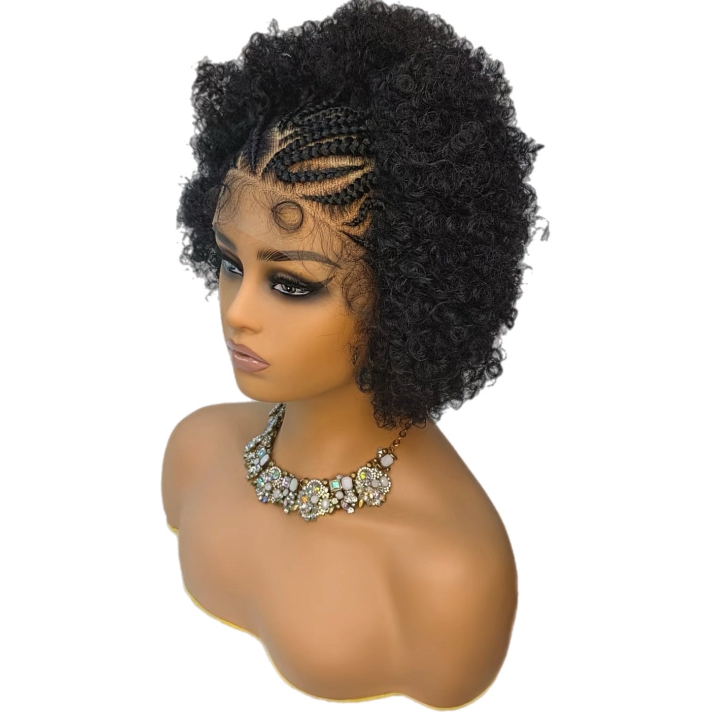 Perruque en Dentelle d’Afro Crépus Frisé Synthétique avec Nattes à l’Avant [Modèle #7]