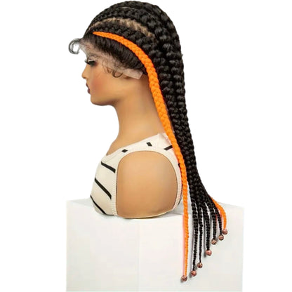 Perruque en Dentelle de 7 Nattes avec 2 Nattes Orange Synthétiques sur les Cotés + Billes aux Bouts