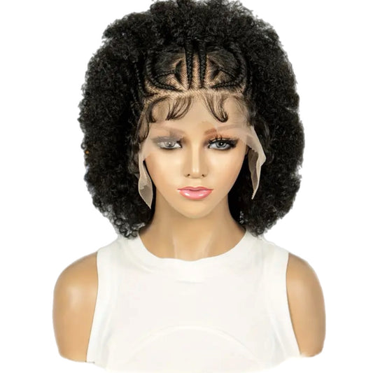 Perruque en Dentelle d’Afro Crépus Frisé Synthétique avec Nattes à l’Avant [Modèle #8]
