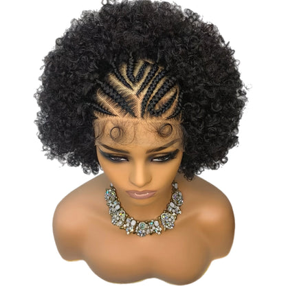 Perruque en Dentelle d’Afro Crépus Frisé Synthétique avec Nattes à l’Avant [Modèle #7]
