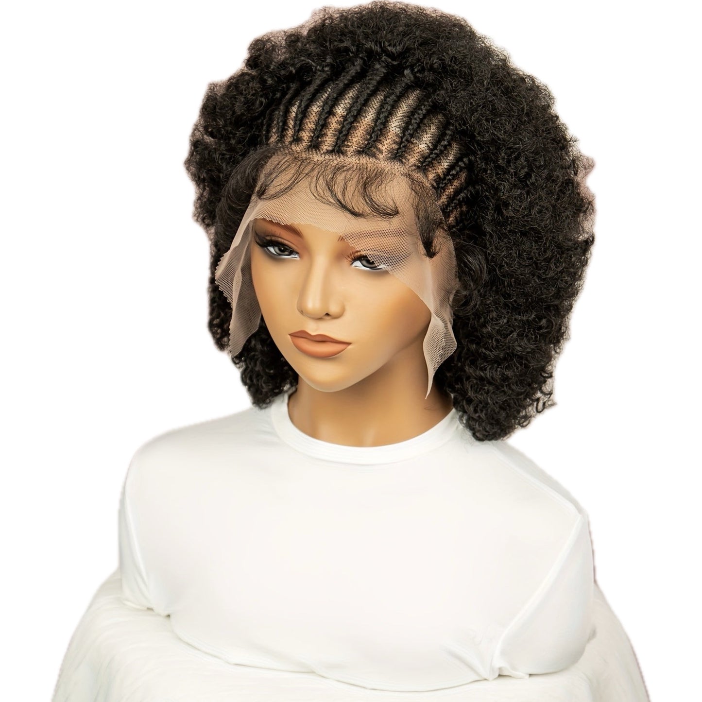 Perruque en Dentelle d’Afro Crépus Frisé Synthétique avec Nattes à l’Avant [Modèle #1]