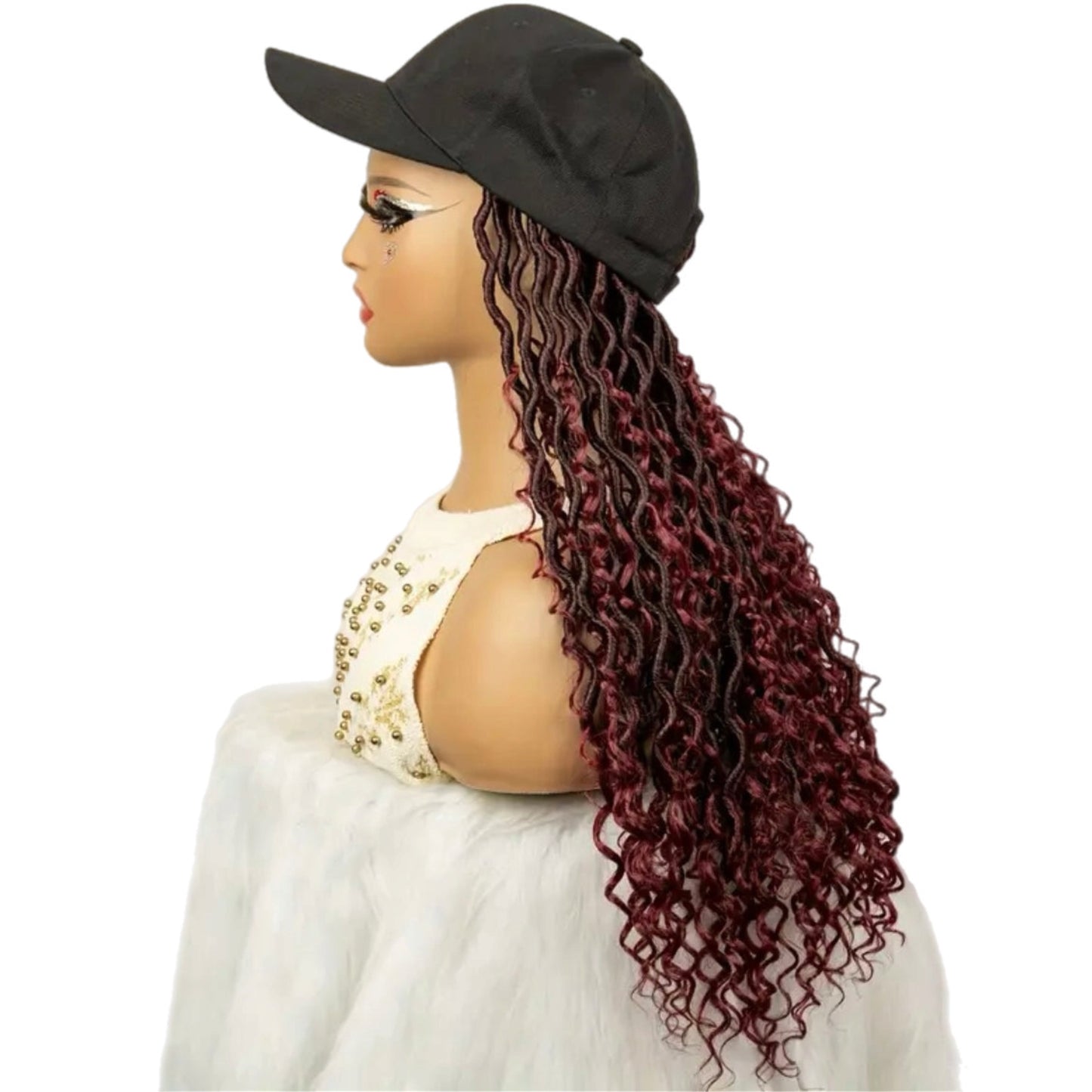 Burgundy Synthetic Faux Locs & Curls Wig with Built-in Cap