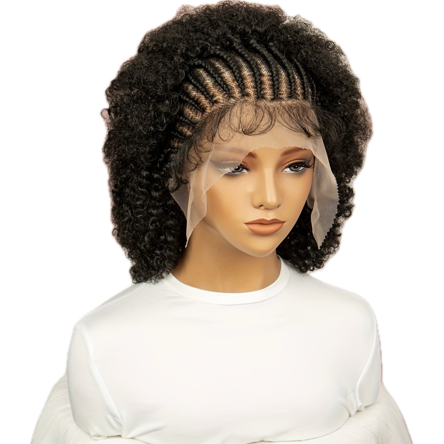 Perruque en Dentelle d’Afro Crépus Frisé Synthétique avec Nattes à l’Avant [Modèle #1]