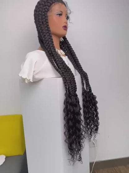 9 Flat Braids Synthetic Full Lace Wig with Curly Ends
