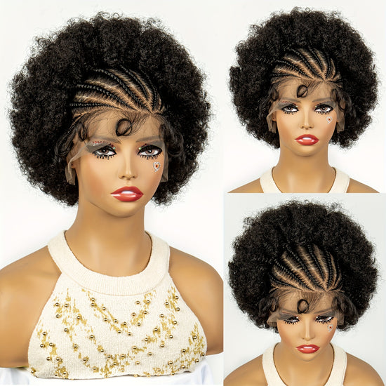 Perruque en Dentelle de Nattes  Point Fix sur le Ct avec Afro Crpus Synthtique