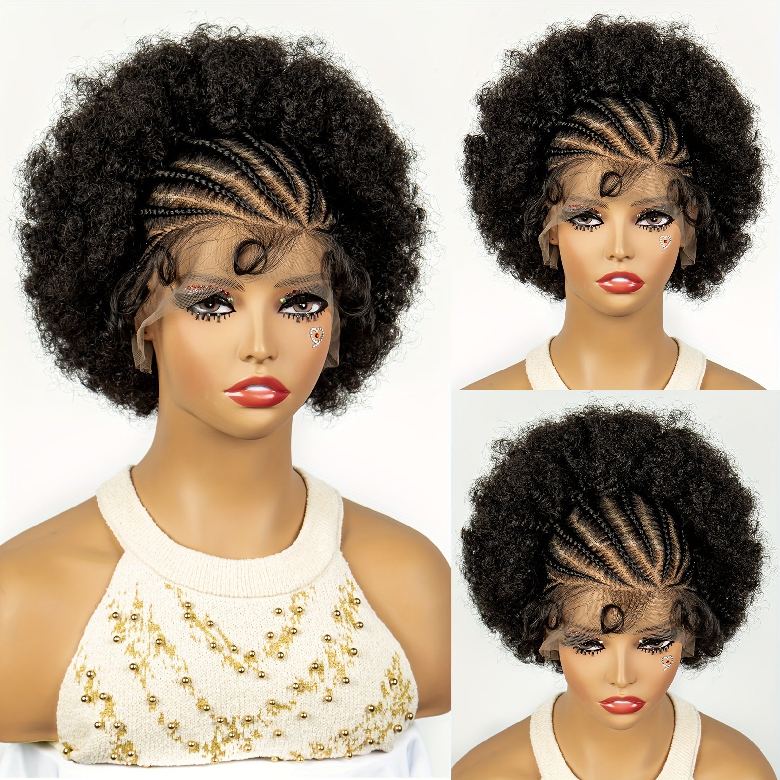 Perruque en Dentelle de Nattes  Point Fix sur le Ct avec Afro Crpus Synthtique