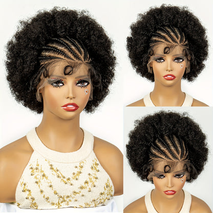 Perruque en Dentelle de Nattes  Point Fix sur le Ct avec Afro Crpus Synthtique