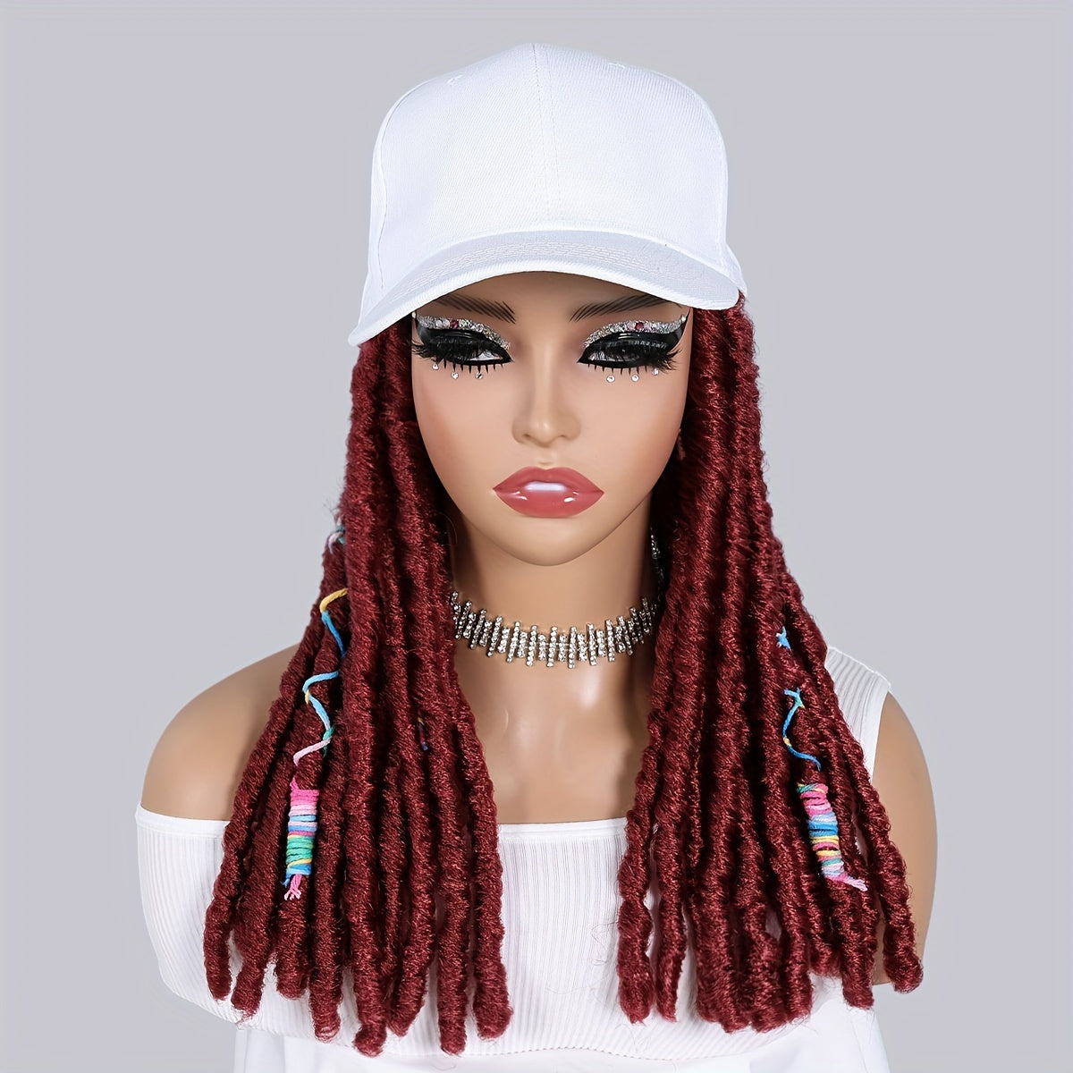 Perruque de Faux Locs Bourgogne Synthtiques avec Casquette Blanche Intgre