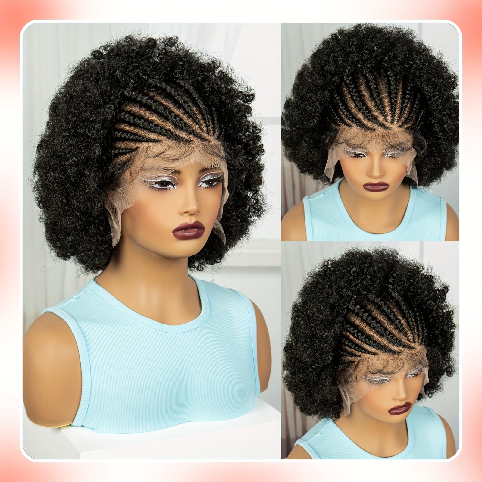 Perruque en Dentelle de Nattes  Point Fix sur le Ct avec Afro Fris Synthtique