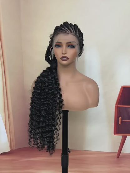 12 Flat Braids Synthetic Full Lace Wig with Curly Ends