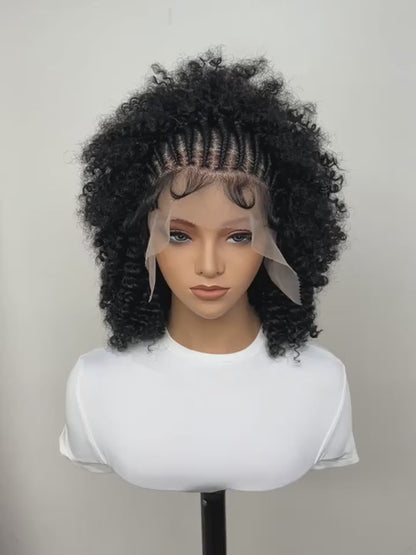 Perruque en Dentelle d’Afro Crépus Frisé Synthétique avec Nattes à l’Avant [Modèle #1]