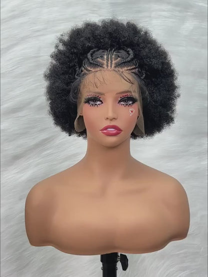 Perruque en Dentelle d’Afro Crépus Synthétique avec Nattes à l’Avant [Modèle #8]