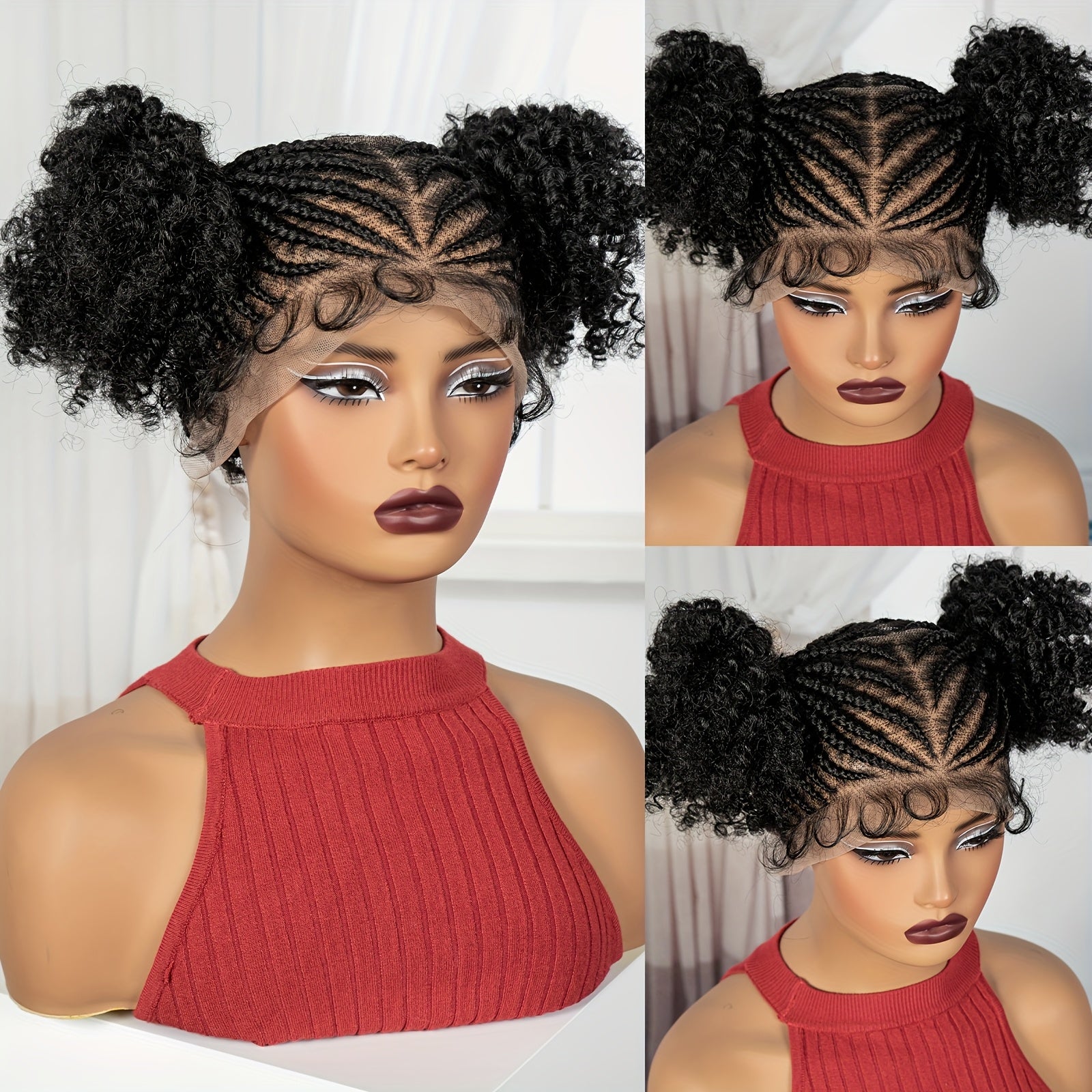 Perruque de Nattes avec 2 Couettes en Afro Synthtique