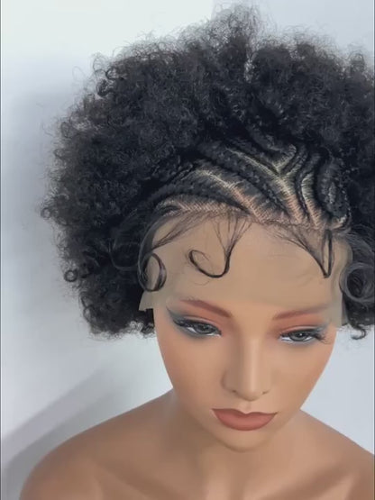 Perruque en Dentelle d’Afro Crépus Frisé Synthétique avec Nattes à l’Avant [Modèle #7]