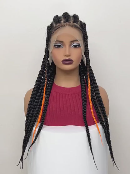 Perruque en Dentelle de 7 Nattes + 2 Tresses Synthétiques à l'Avant aux Bouts Orangés